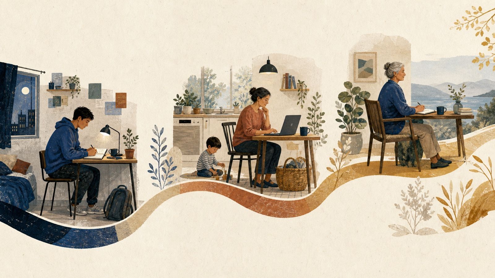 An editorial illustration follows a young worker, a midlife parent, and a retiree along one continuous path through life.