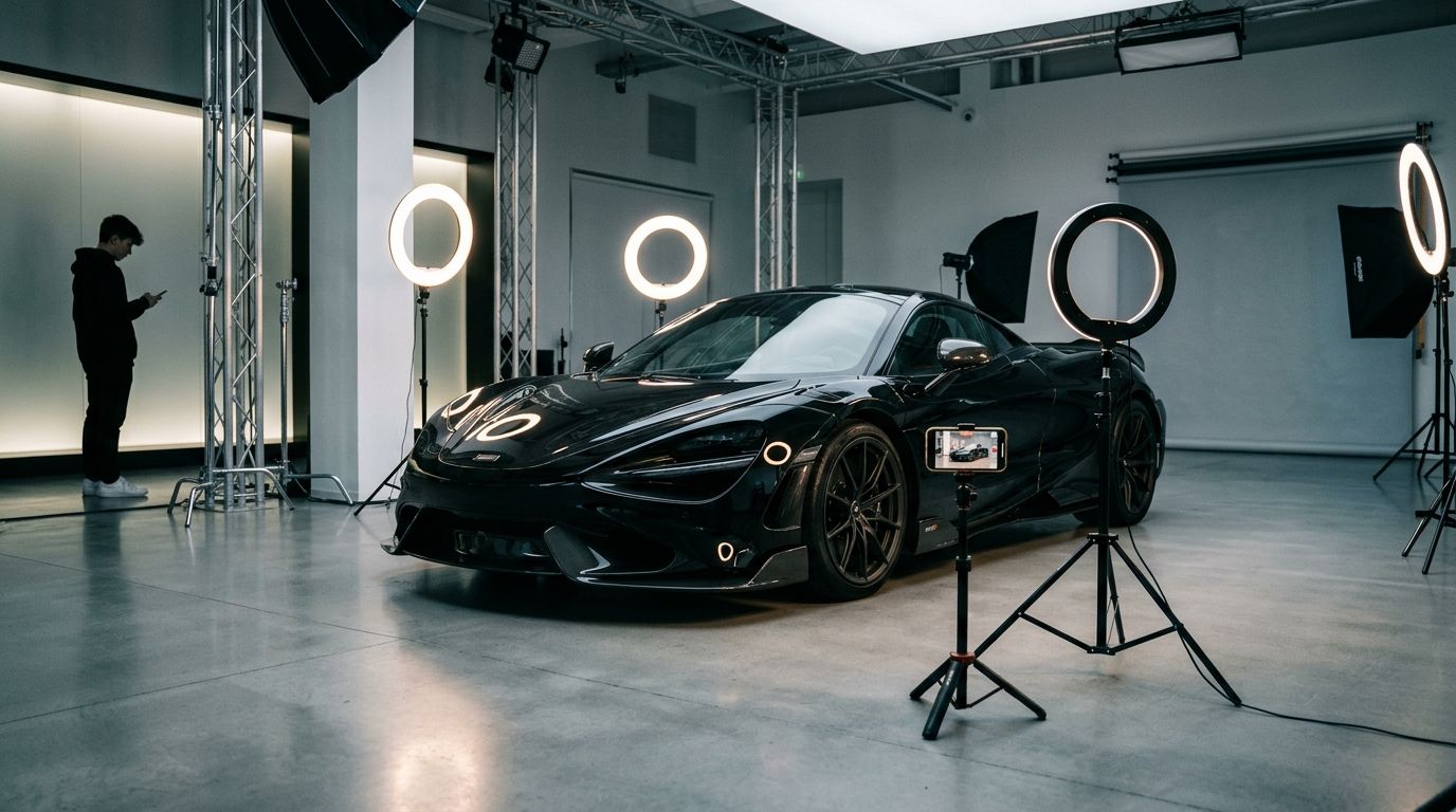 A teenager watches a gleaming sports car being filmed beneath ring lights.