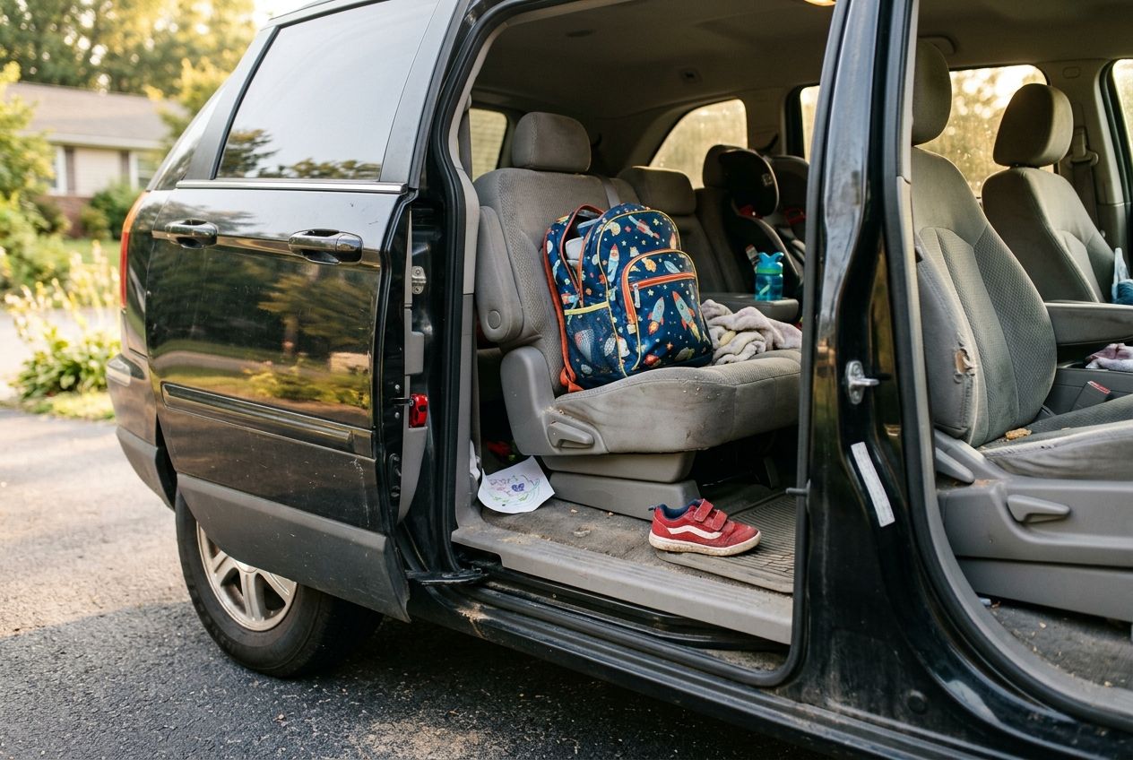 An open black minivan holds backpacks, crumbs, and the traces of everyday family life.