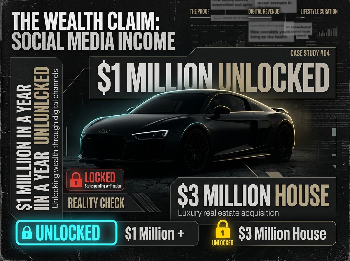 Social posts listing escalating income claims and luxury purchases as achievements to unlock.