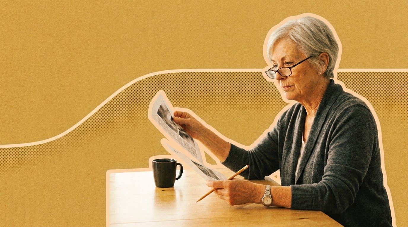 A silver-haired woman in her seventies reads a printed page at a kitchen table, a pencil in one hand and a mug of coffee beside her.
