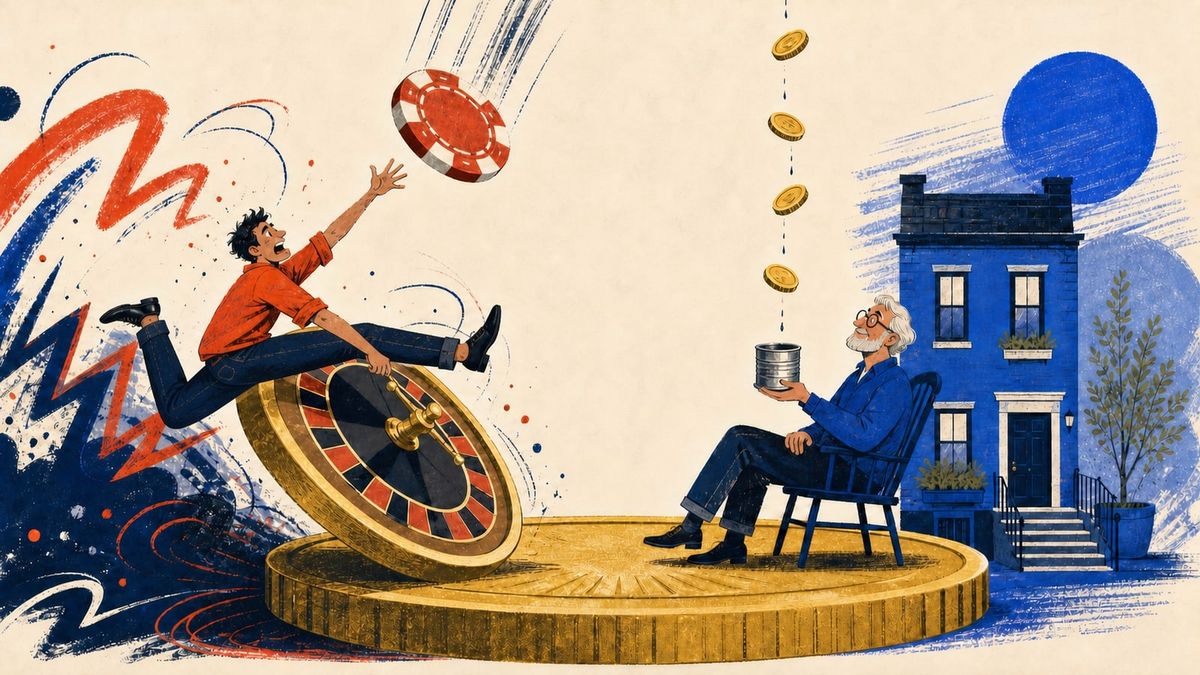 An editorial illustration contrasts a frantic gambler riding a roulette wheel with a calm older investor collecting a steady stream of coins beside a blue rowhouse, all balanced on one giant coin.