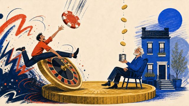 An editorial illustration contrasts a frantic gambler riding a roulette wheel with a calm older investor collecting a steady stream of coins beside a blue rowhouse, all balanced on one giant coin.